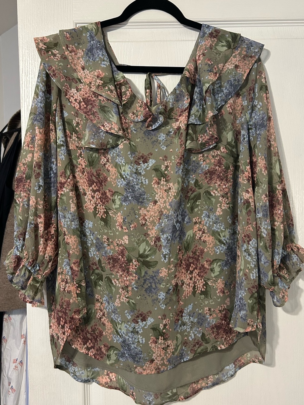 Cato Olive Green Floral Ruffle Tie-Neck Blouse